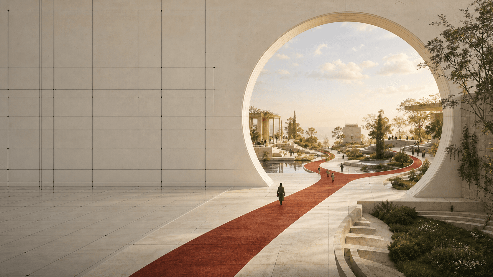 A rust-red path crossing from a precise grid through a circular threshold into a living landscape