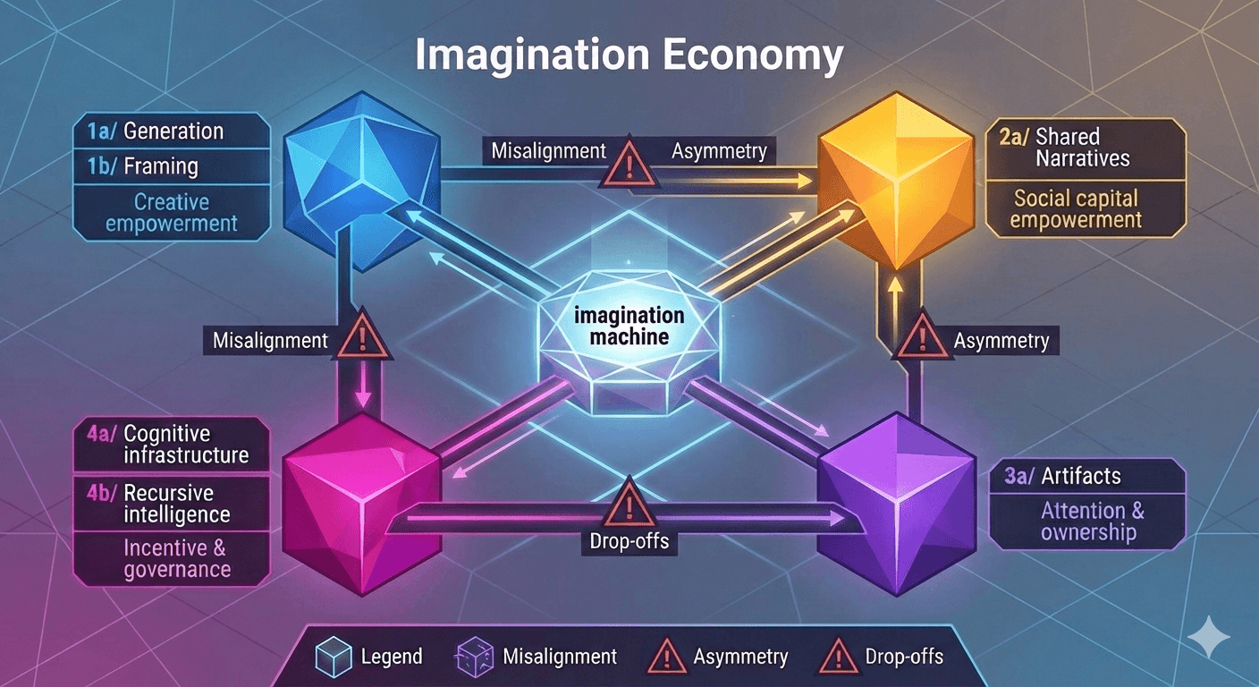 The Imagination Economy system diagram showing a circular model with four interconnected quadrants around a central 'imagination machine' core